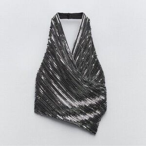 Zara Black and Silver Sequin Halter Wrap Top